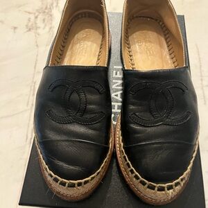 CHANEL Black Leather CC Espadrille Flats with Braided Jute Sole